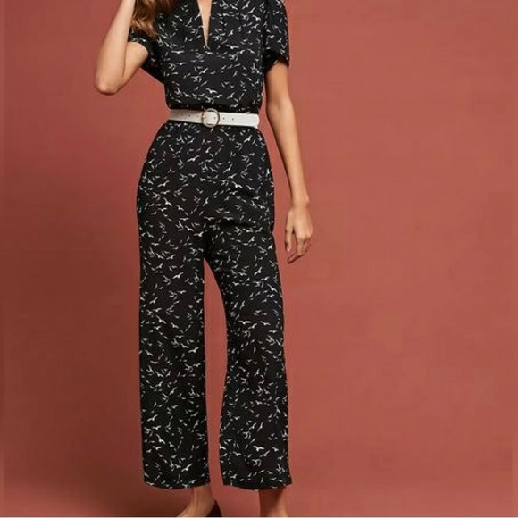 ETT TWA by Anthropologie Karlie Jumpsuit Novelty Print Wide Leg Black White Med - Picture 2 of 12